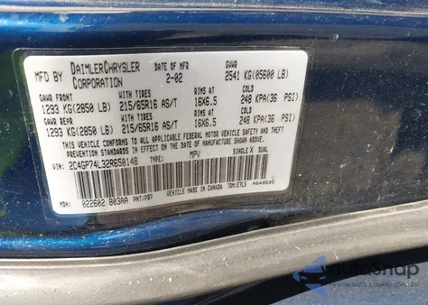 2002 Chrysler Town & Country Ex from USA, damaged, VIN 2C4GP74L32R650148